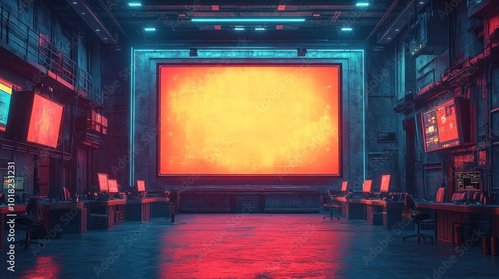 Poster futuristic control room with large screen and computer stations.