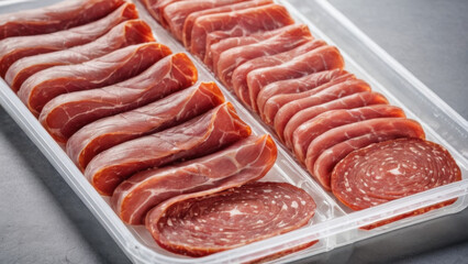 An assortment of premium deli meats displayed in a tray, showcasing vibrant colors and inviting textures. Perfect for gourmet dishes, sandwiches, or festive gatherings."