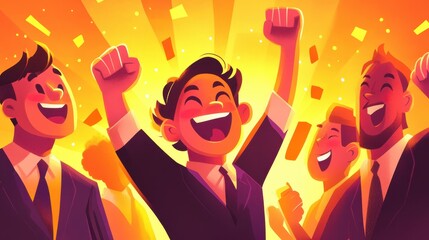 Vibrant Celebration of Success: Group of Joyful Businessmen Cheering