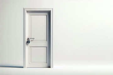 Closed door with padlock on a light background. Space for text.