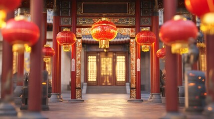 Obraz premium Red Lanterns and Golden Doors in a Chinese Temple Courtyard