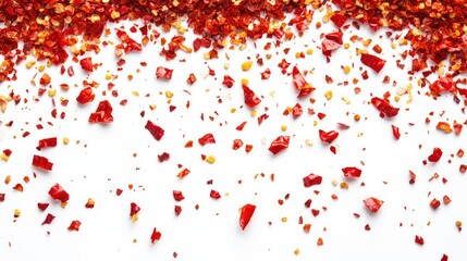Obraz premium An overhead view of crushed red chili pepper flakes, densely scattered on a white background, perfect for illustrating spiciness