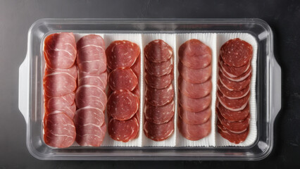 An assortment of premium deli meats displayed in a tray, showcasing vibrant colors and inviting textures. Perfect for gourmet dishes, sandwiches, or festive gatherings."