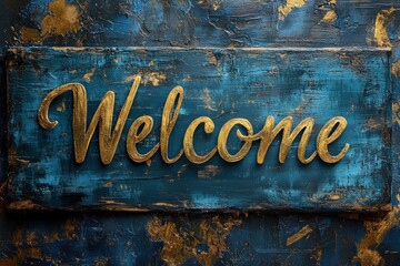 Fototapeta premium Welcome Sign on Rustic Blue Wood