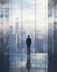 Fototapeta premium Businessman Gazing at Cityscape Through Glass Office Window Pondering Future Opportunities
