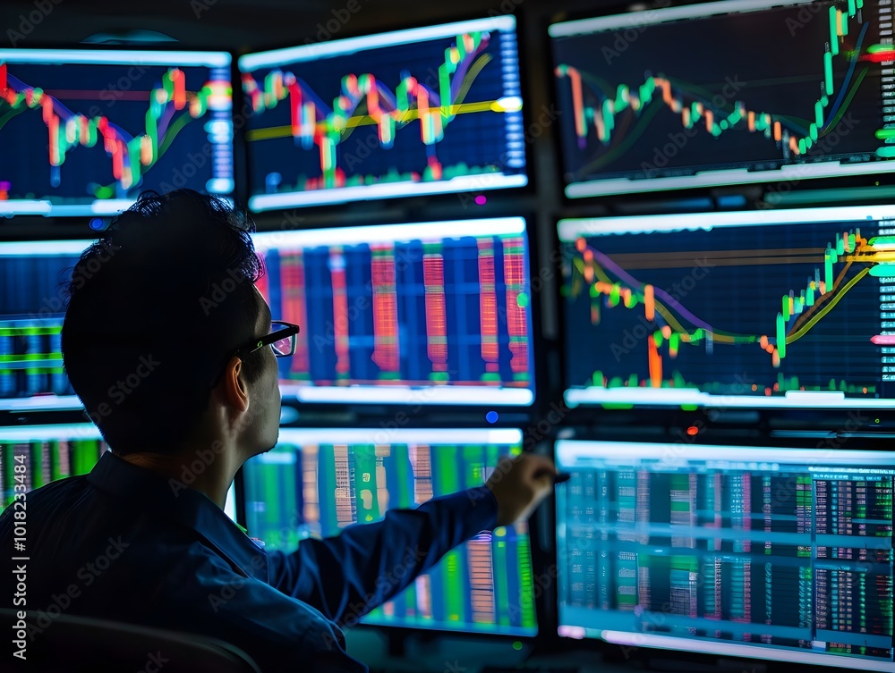 Poster intense focus on multiple screens analyzing market data in a dynamic trading environment
