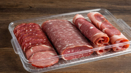 An assortment of premium deli meats displayed in a tray, showcasing vibrant colors and inviting textures. Perfect for gourmet dishes, sandwiches, or festive gatherings."
