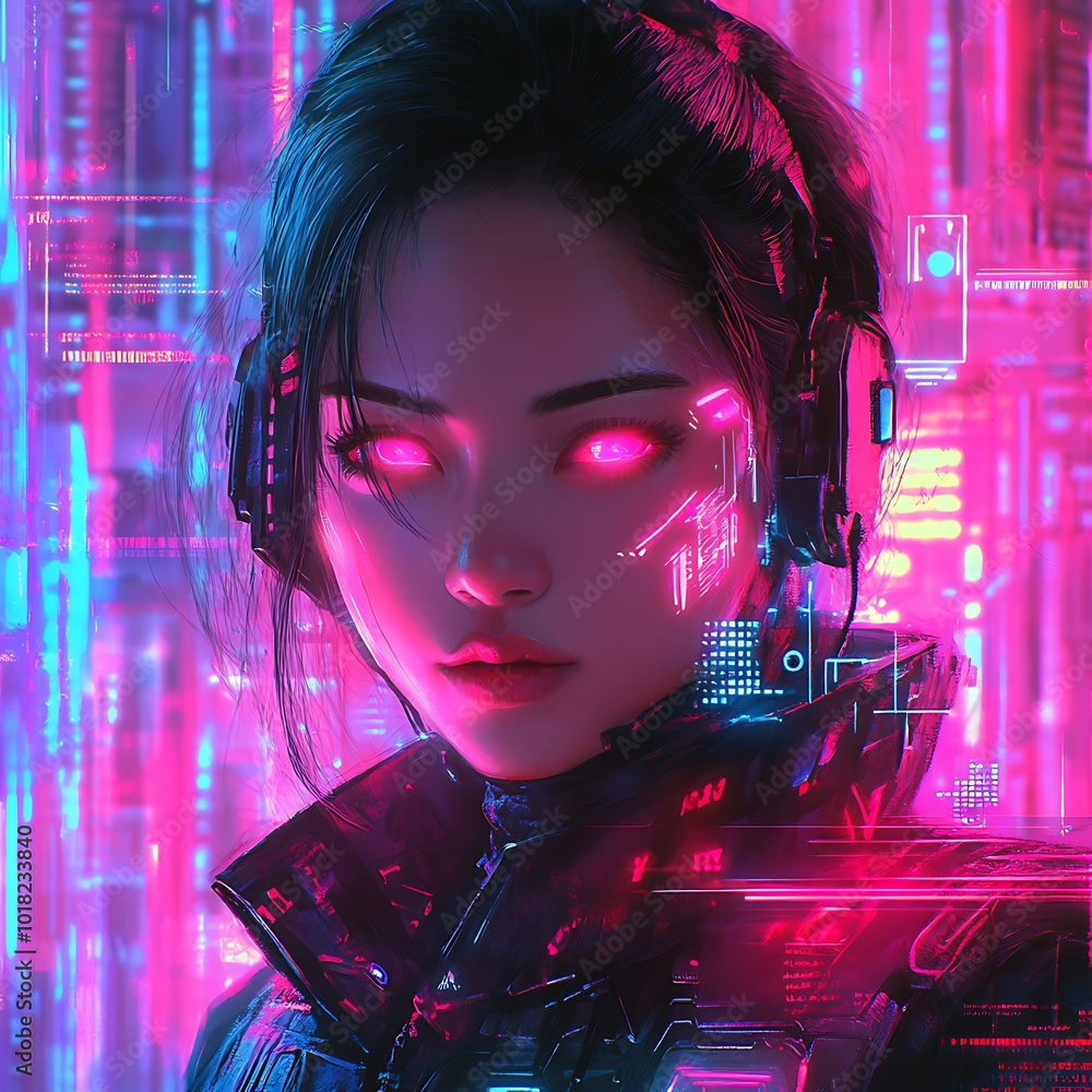 Aufkleber intriguing cyberpunk hacker surrounded by glowing neon digital elements