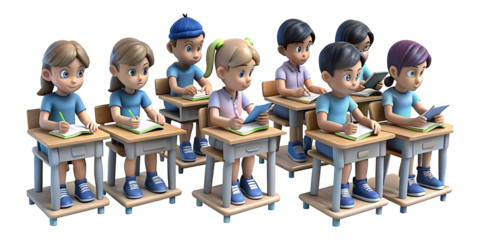 set of Children sitting on benches and studying in class and noting down the homework in their notebooks.AI GENERATED