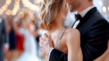 Elegant Event: Blurred background of an elegant event with people dancing and socializing