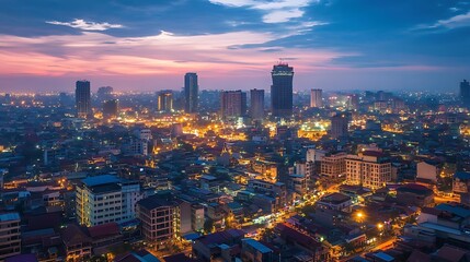 Cityscape at Dusk with Colorful Sky and Illuminated Buildings
