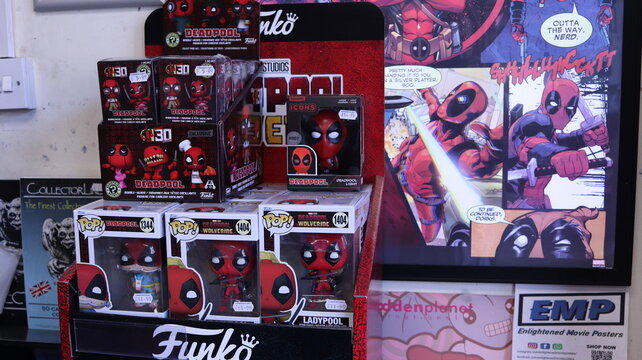 CARDIFF, MID GLAMORGAN, WALES UK - OCTOBER 3, 2024: DEADPOOL MARVEL FUNKO POP TOYS ON DISPLAY