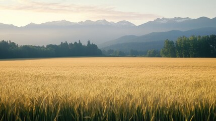 Fototapeta premium Barley fields stretching out toward distant mountains, with soft morning light casting a warm glow.
