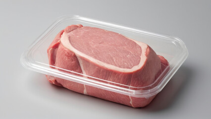 Close-up of a neatly packaged pork chop in clear plastic. This image highlights the freshness and quality of the meat, making it suitable for grocery stores, butcher shops, and marketing campaigns.