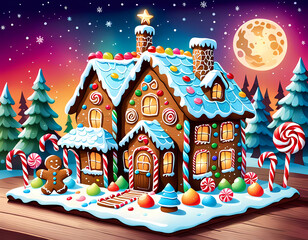 Gingerbread house decorated for the holidays with gingerbread men, candy cane and sweets and snow icing.