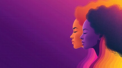 Two women are depicted in profile, their heads facing forward against a bold purple background. Their hair features vibrant colors blending into one another, creating a striking visual effect that emp