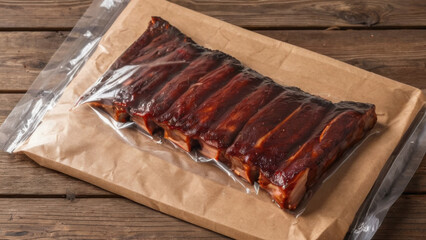 A tray of succulent barbecued ribs, neatly arranged and vacuum-sealed for freshness. Perfect for grilling enthusiasts and culinary projects, this image showcases delicious, tender meat ready for meal 
