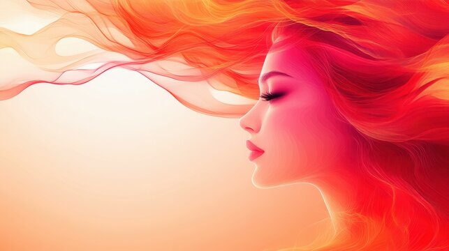 A woman with flowing red hair profiles against a warm sunset backdrop, embodying a sense of peace and contemplation. Her serene expression reflects the soft hues of the sky, showcasing a moment of bea