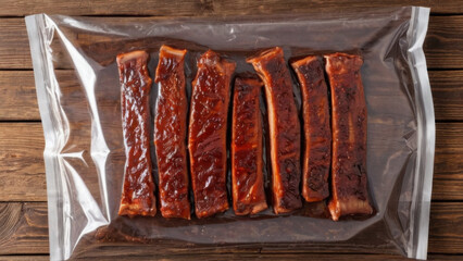 A tray of succulent barbecued ribs, neatly arranged and vacuum-sealed for freshness. Perfect for grilling enthusiasts and culinary projects, this image showcases delicious, tender meat ready for meal 
