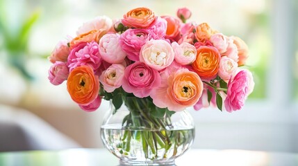 Beautiful pink and orange blooms in a clear vase, with soft light reflecting off the petals and creating a gentle atmosphere