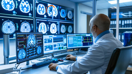 Neurological Expert Examining Brain Scan in Office, Deep in Thought and Precision