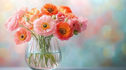Fototapeta premium Beautiful pink and orange flowers arranged delicately in a clear glass vase, with soft focus and warm natural lighting