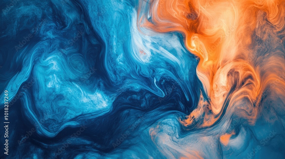Poster blue and orange ink swirling dynamically, forming abstract patterns with smooth gradients and fluid 