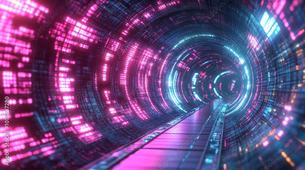 Poster futuristic glowing tunnel with digital code and illuminated walkway