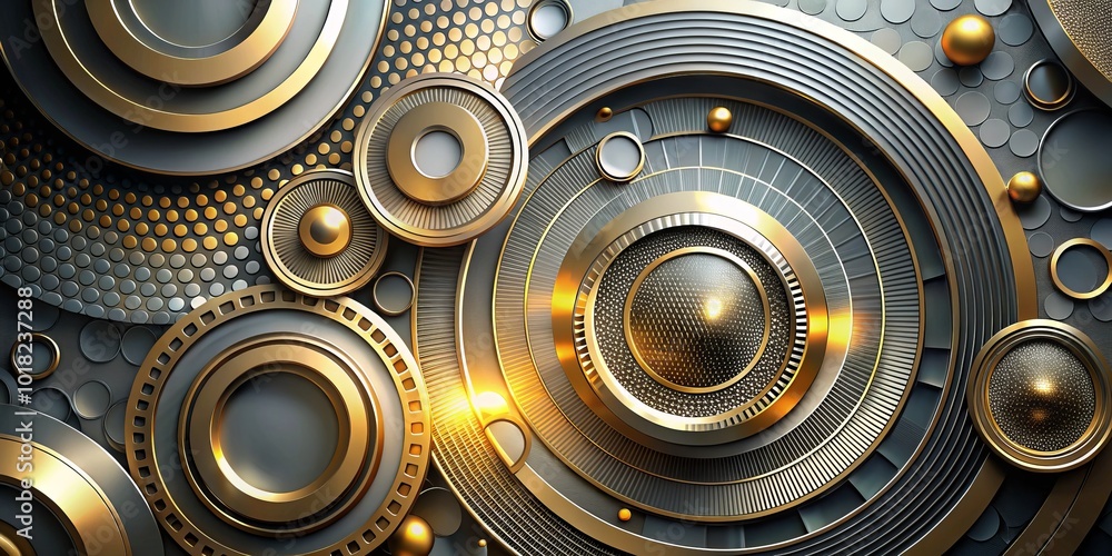 Aufkleber this modern geometric portrait features an abstract array of golden and grey circles, creating a sle