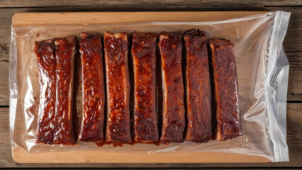 A tray of succulent barbecued ribs, neatly arranged and vacuum-sealed for freshness. Perfect for grilling enthusiasts and culinary projects, this image showcases delicious, tender meat ready for meal 