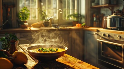 A steaming bowl of soup on a wooden table in a bright kitchen with fresh ingredients and natural light pouring in.
