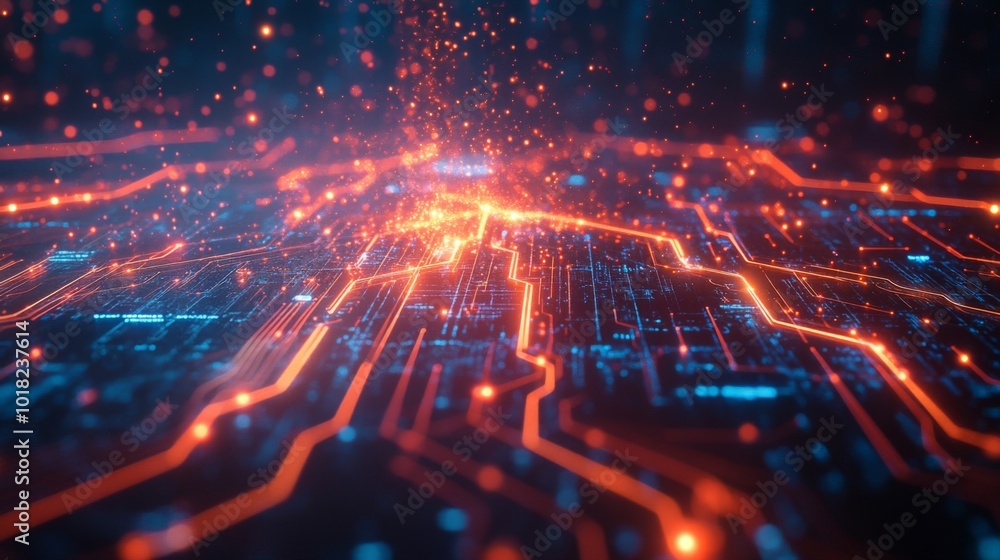 Poster abstract glowing circuit board with particles and lines