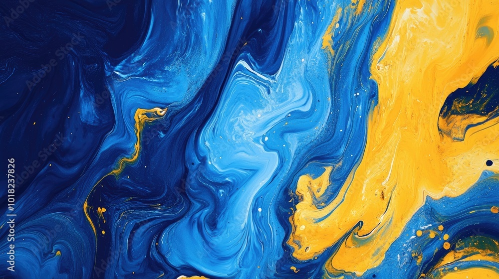 Aufkleber blue and yellow paint flowing together in a mesmerizing swirl, creating a bold abstract pattern.