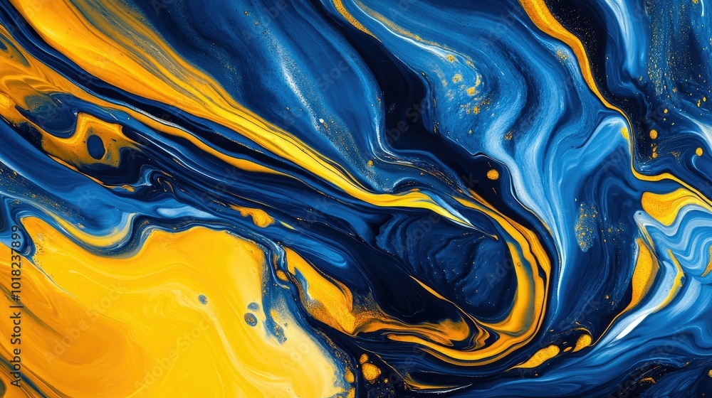 Poster blue and yellow paint flowing together in a mesmerizing swirl, creating a bold abstract pattern.