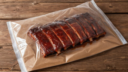 A tray of succulent barbecued ribs, neatly arranged and vacuum-sealed for freshness. Perfect for grilling enthusiasts and culinary projects, this image showcases delicious, tender meat ready for meal 