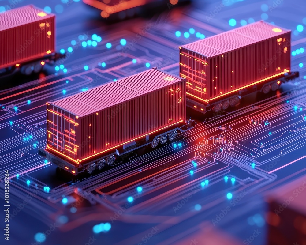 Poster digital rendering of shipping containers on a circuit board, illuminated with vibrant colors, symbol