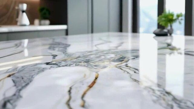 Close-up of White Marble Kitchen Countertop with Golden Veins