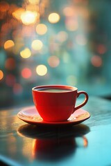 Obraz premium A vibrant red coffee cup sits on a decorative saucer atop a wooden table. The background features soft bokeh lights, creating a warm and inviting atmosphere, perfect for enjoying a quiet moment with a