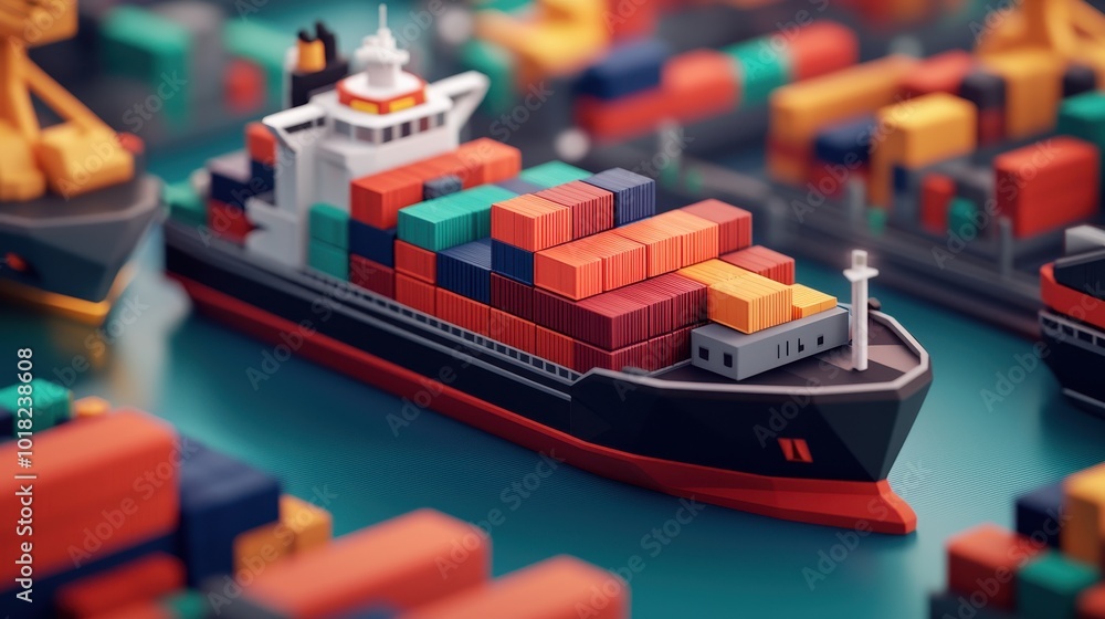Poster a close-up of a cargo ship loaded with colorful containers, surrounded by other ships and containers