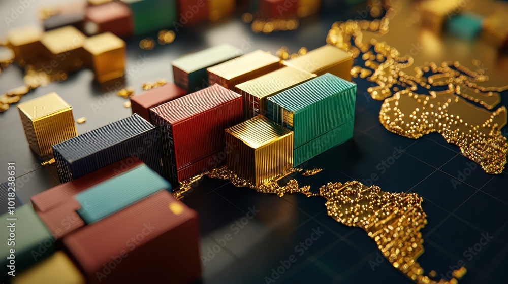 Poster a vibrant 3d representation of global trade, showcasing colorful building blocks on a world map, sym