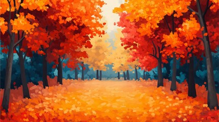 A vibrant autumn landscape featuring trees with fiery orange leaves, creating a picturesque path through a colorful forest.