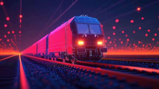 A futuristic train glows with neon lights, racing along illuminated tracks in a vibrant digital landscape.