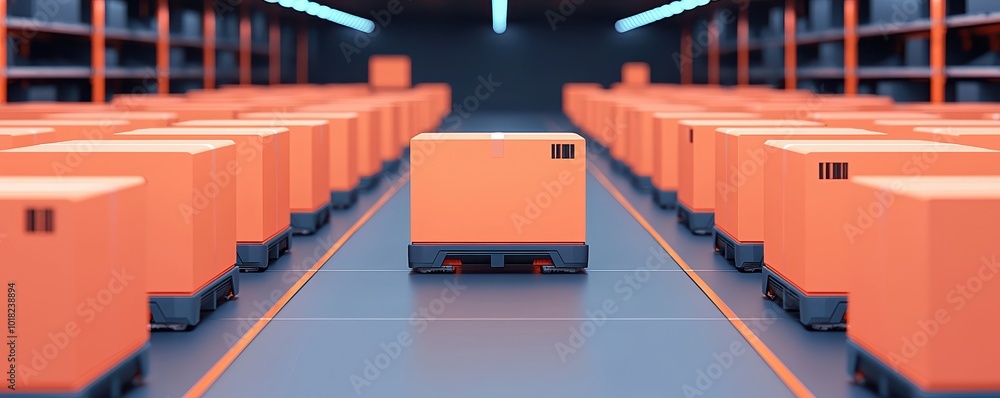 Poster a modern distribution center filled with neatly arranged orange boxes, highlighting efficiency and o