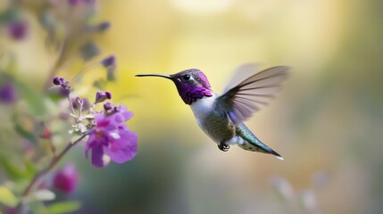 Fototapeta premium Hummingbird in Flight with Purple Flowers