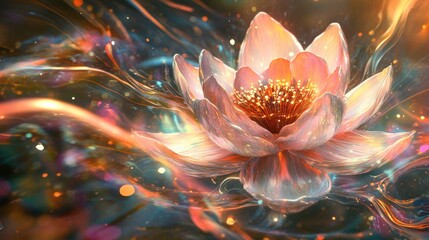 A beautiful 3D blooming flower with multi-layered petals, surrounded by a dynamic, abstract background of swirling light and colors