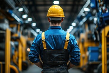 A worker in a blue shirt and yellow hard hat stands with hands on hips, observing the layout of an industrial warehouse filled with machinery and equipment. The bright lighting enhances the active atm