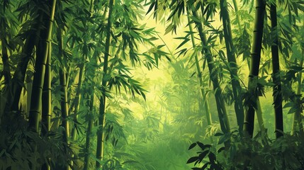 A lush, green bamboo forest with sunlight filtering through the leaves.