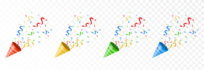 Vector set of colorful firecrackers with confetti. Serpentine or confetti flies out from a cracker on an isolated transparent background. Confetti or firecracker png.