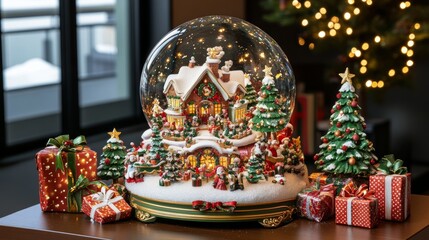 Naklejka premium Festive Christmas scene with red ornaments, candy canes, wrapped gifts, and a snow globe, placed next to a snow-covered Christmas tree. Soft, glowing bokeh lights fill the light background.