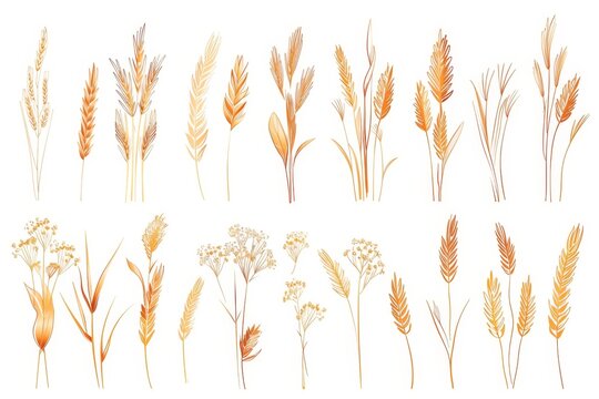 Wheat icon, rye ears sign, barley emblem, oats, cereals symbol, wheat ear, seeds, corns set